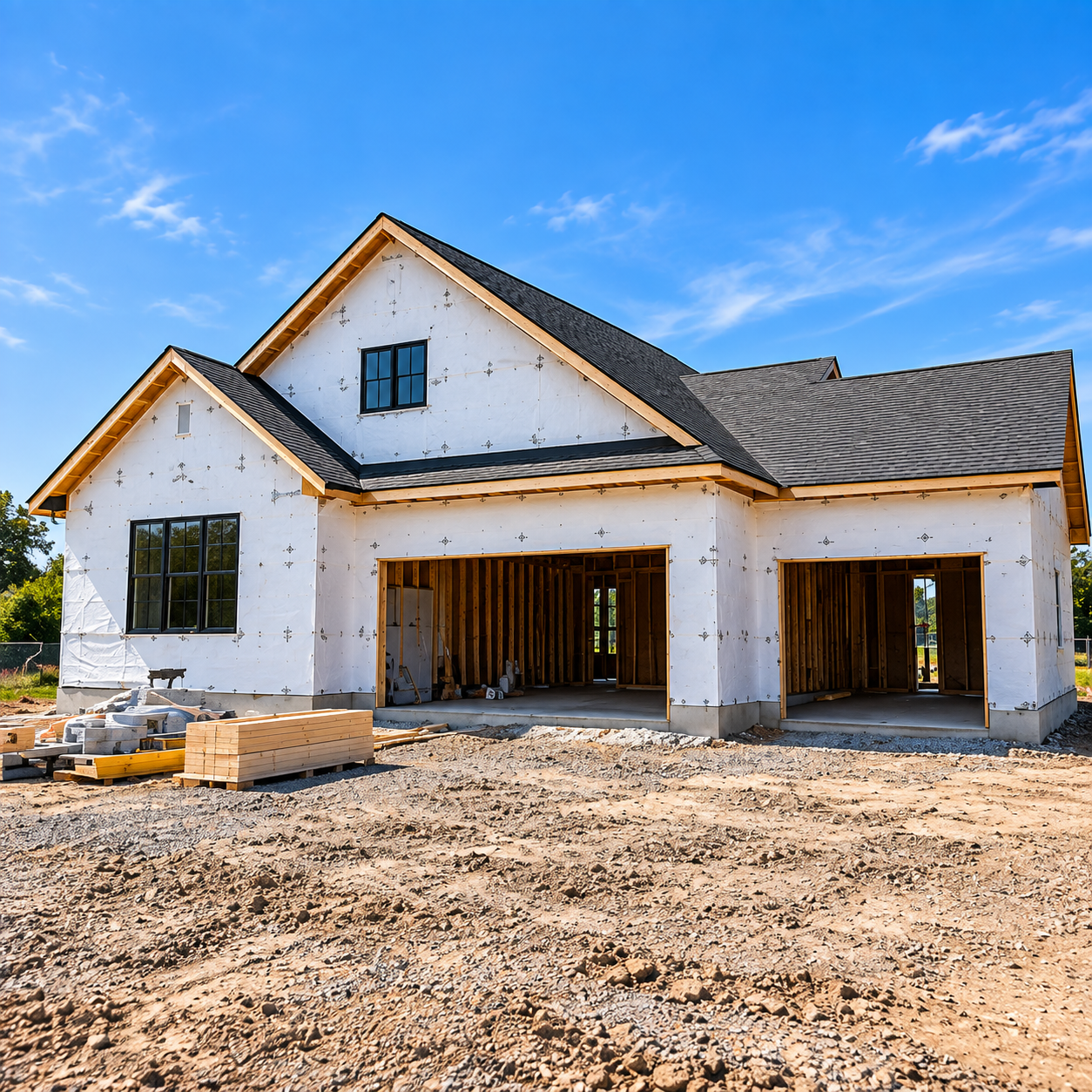 A home wrapped and roofed during construction