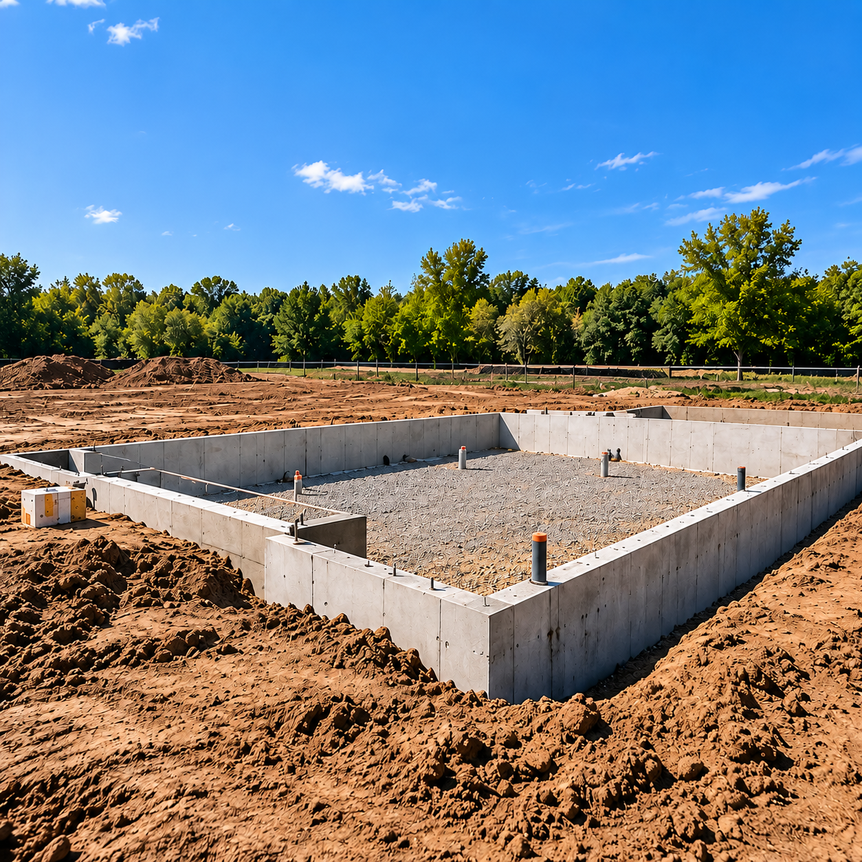 A new home foundation poured on a cleared lot