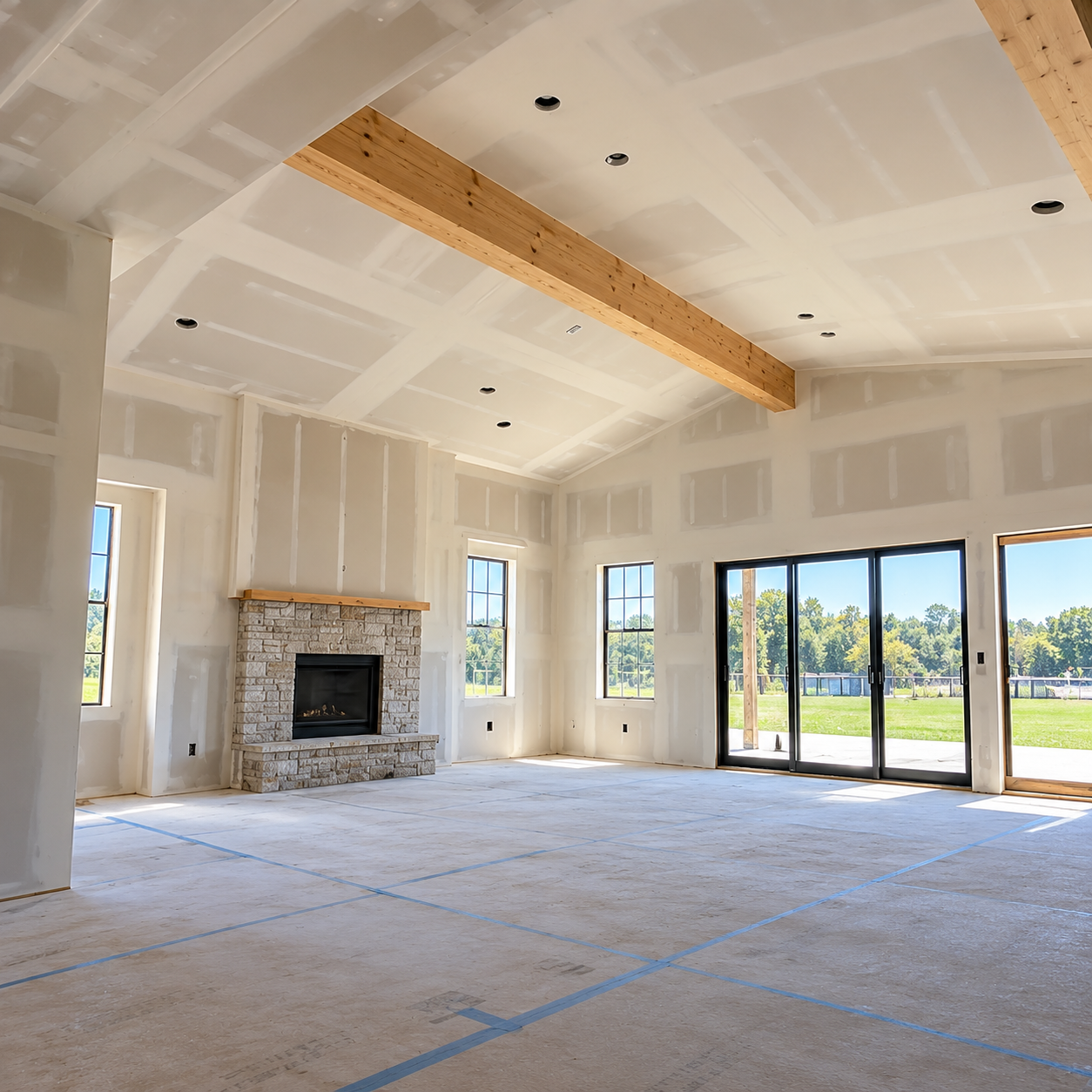 A finished drywall interior of a new home