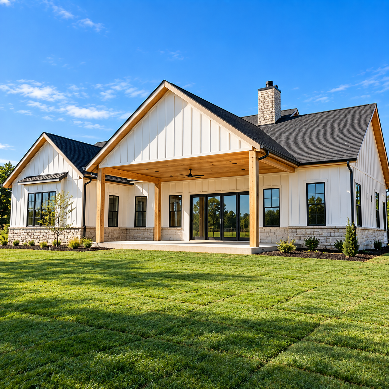 A completed custom home on a fresh lawn