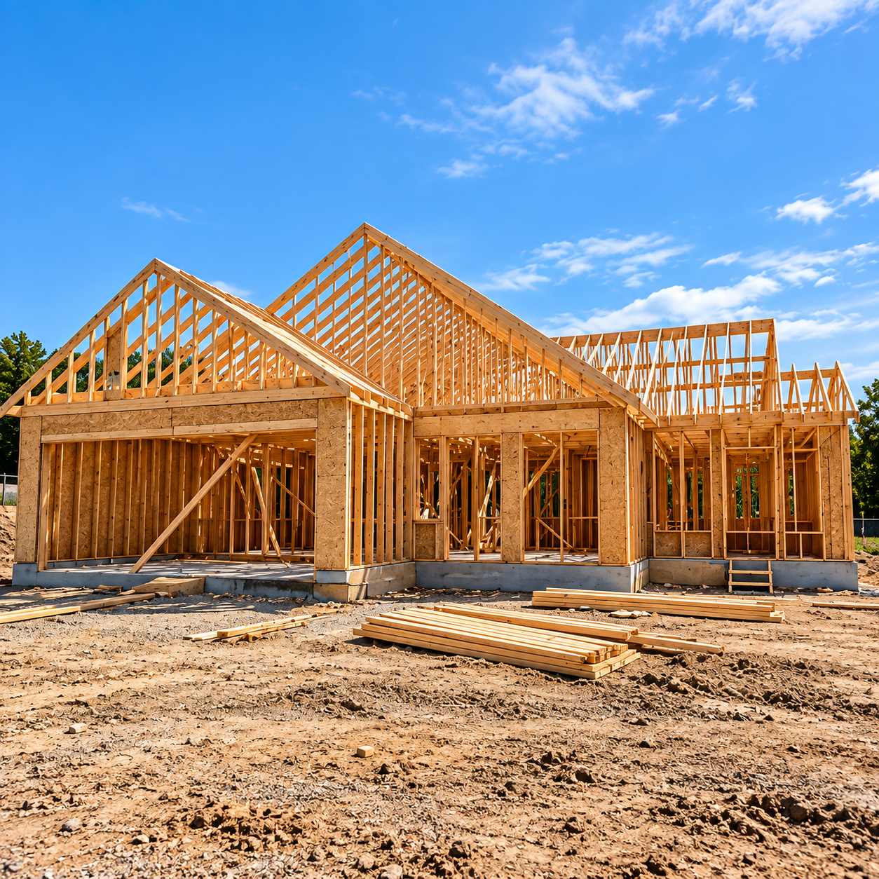 A home under construction with wood framing and trusses